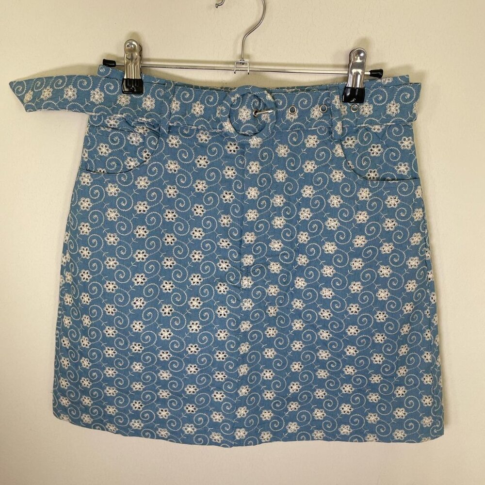 By Clara Paris Blue & White Embroidered Skirt with Belt